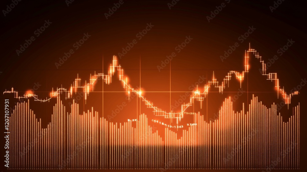 Poster an abstract financial graph with glowing data points and smooth lines, set against a dark gradient b