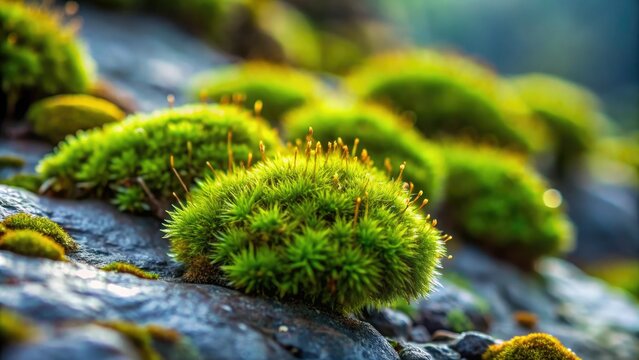 Close-up shot of delicate, intricately patterned moss growths on a smooth rock surface, moss growth, algae, bryophyte