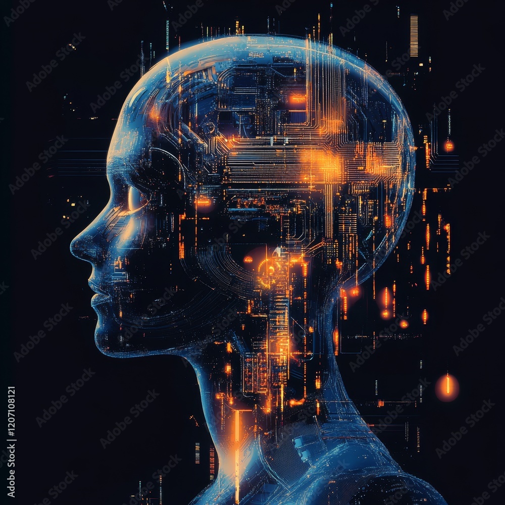Poster a computer generated image of a head with a brain and a face
