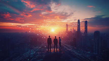Fototapeta premium abstract professional business team people connection of line from nail node to node on Smart digital cityscap and skyline background , Innovation networking concept
