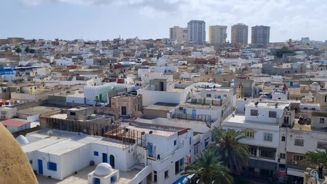 Panoramic vew from the Ribat of Sousse, overlooking the Medina and city center on a cloudy spring day