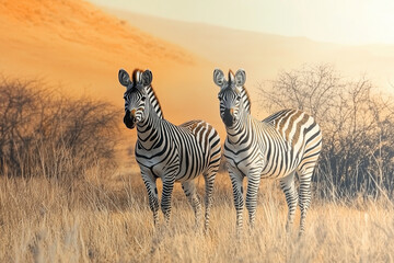 Naklejka premium Wild zebras in the African savannah