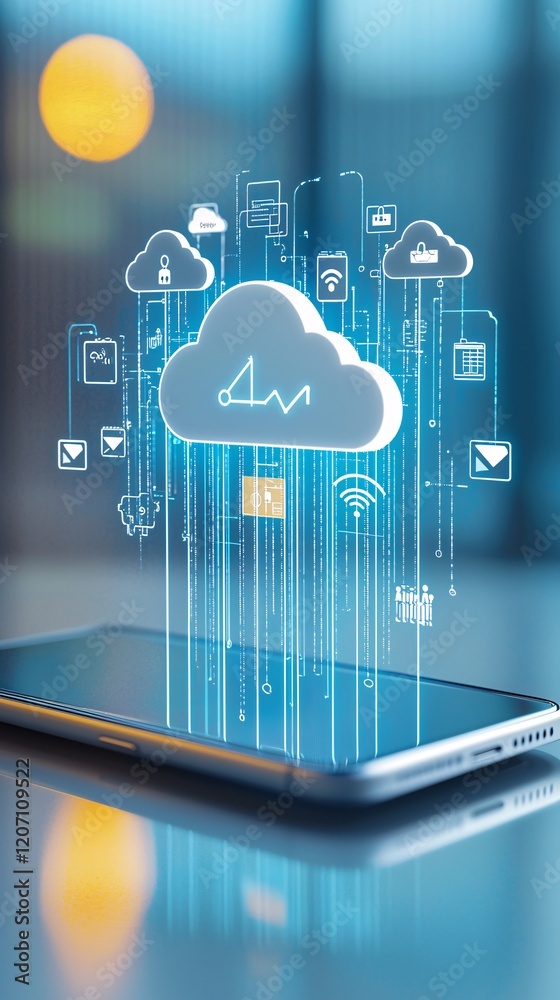 Wall mural a close-up of a smartphone with secure cloud storage and privacy symbols visible on the screen