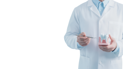 A healthcare professional holds a dental model, demonstrating oral hygiene and treatment techniques with a dental instrument.