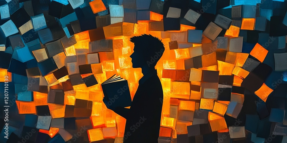Canvas Prints a man is reading a book in front of a wall of blocks