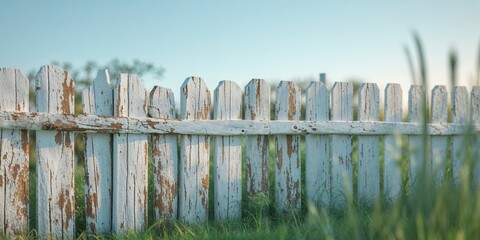 Obraz premium Aged White Wooden Fence with Grassy Base - Rustic Country Charm
