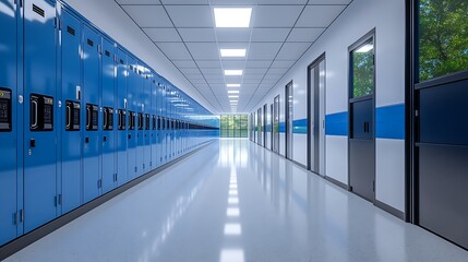 Obraz premium A long white school hallway with blue and black color background