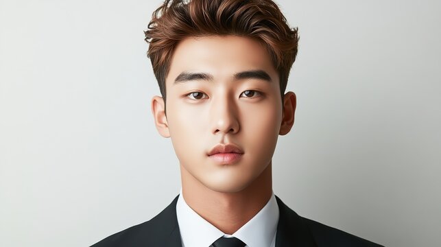 portrait of a handsome Korean young man wearing business attire
