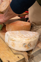 Farmer shop in Biarritz, France, Basque Country and Pyrenees sheep, cow and goat cheeses for sale, Tomme, Fermier Brebis, farmers cheese