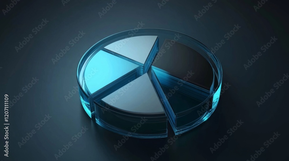 Aufkleber an abstract financial pie chart with transparent slices in shades of blue and gray, on a dark gradie