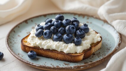 Delicious ricotta toasts topped with fresh blueberries served on a rustic plate in a cozy kitchen setting.