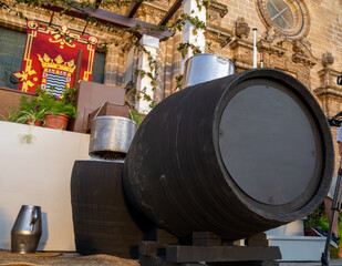 Harvest festival in Jerez de la Frontera, first pressing of grapes juice and filling of first...