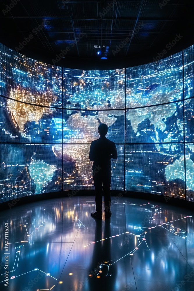 Poster futuristic data visualization: man engages with interactive global map screen