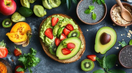 A plant-based breakfast spread, featuring avocado toast, chia pudding