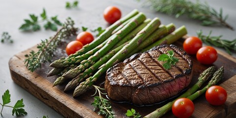 Juicy Grilled Steak with Fresh Asparagus and Cherry Tomatoes Arranged on a Wooden Cutting Board Surrounded by Aromatic Herbs for a Delicious Meal.