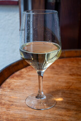Glass of txakoli or chacolí slightly sparkling very dry white wine produced in Spanish Basque Country in typical pinchos bar in old part of San Sebastian or Donostia, Spain