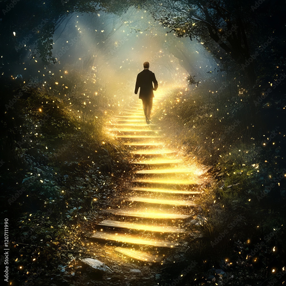 Canvas Prints a man is walking up a staircase in a forest