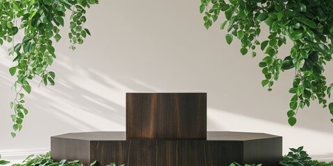serene beauty wooden podium and lush leaves for product showcase