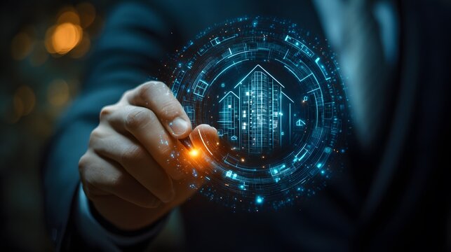 Businessman analyzing real estate market growth with futuristic graph and house model illustration - Powered by Adobe