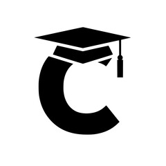 Letter C with graduation cap icon, Black and white graphic of the letter C wearing a graduation cap, symbolizing education, learning, academic success, and scholarly achievement.  
  
