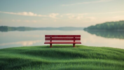 Fototapeta premium A red bench sits on a grassy hill overlooking a lake.