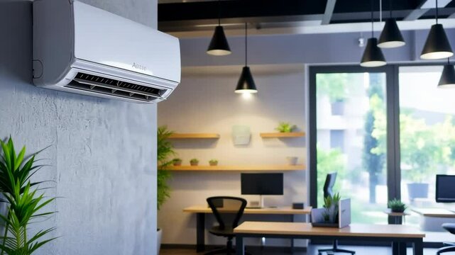 White air conditioner is mounted on the wall. The room is well lit and has a few potted plants
