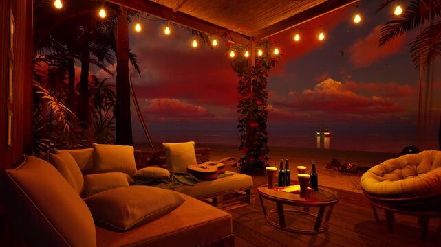 Summer evening on the ocean shore in a cozy bungalow with beautiful illumination, upholstered furniture and cold beer against the backdrop of the sunset over the ocean. 3D animation.