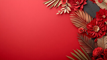 Obraz premium Composición decorativa con flores y hojas rojas y doradas sobre fondo rojo, ideal para felicitaciones de Año Nuevo Chino