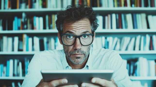 Focused man holding tablet in library looking at camera with intense expression, bookshelves in background
