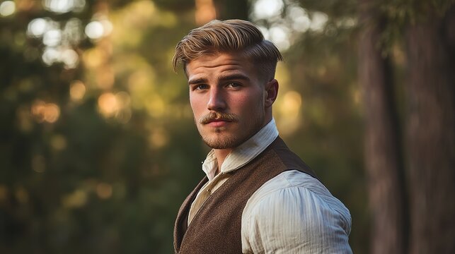 18th century man smiling wearing vintage attire at outdoor park 