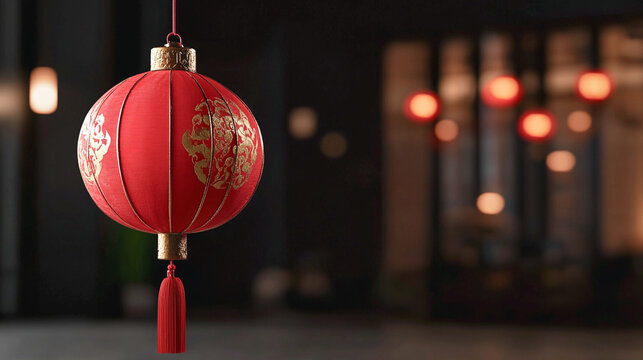 Farolillo chino decorativo rojo colgado, iluminado en un entorno oscuro, ideal para decoraciones festivas tradicionales.
