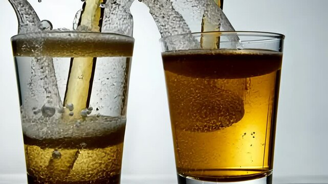Two glasses of water, one is clear and the other is yellow. The clear glass is half full and the yellow glass is almost empty