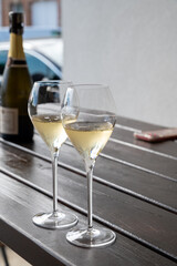 Tasting of brut and reserve grand cru champagne sparkling wine produced by traditional method in Mesnil-sur-Oger in Champagne, France