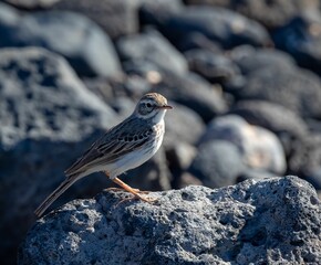 Berthelot's pipit perched on a rocky surface with a blurred background