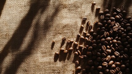 A background featuring freshly roasted coffee beans on a burlap cloth, evoking a sense