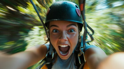 Fototapeta premium Close-up of a girl ziplining, her eyes wide open in excitement, surrounded by motion blur and glowing particle effects to show her speed