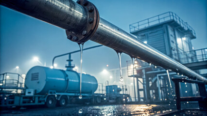 Fototapeta premium A steel pipe with water drops dripping down it, outlines of machinery equipment are visible in the background.