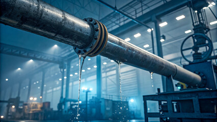 A steel pipe with water drops dripping down it, outlines of machinery equipment are visible in the background.