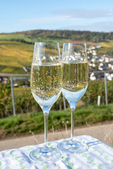 Tasting sparkling white wine, traditional champagne method making of cremant in caves on Moselle river valley in Luxembourg, glasses of wine and view on terraced vineyards