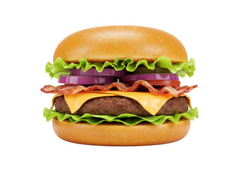 A delicious gourmet burger with layers of lettuce, red onions, melted cheese, crispy bacon, and a juicy patty, sandwiched in a golden bun, isolated on a white background