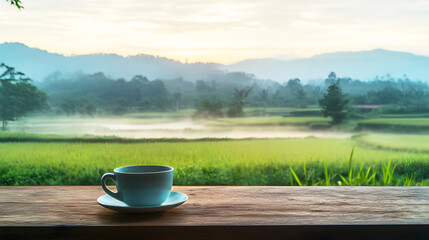 wooden counter with coffee cup, overlooking vast rice paddies stretching into the distance, with soft mist rising from the fields at sunrise, creating peaceful rural atmosphere.