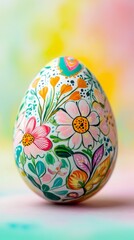 Fototapeta premium Hand-painted vibrant easter egg on pastel. Vertical background