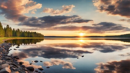 Fototapeta premium Lake at sunset panorama. Panorama of lake at sunset with reflection in Finland 