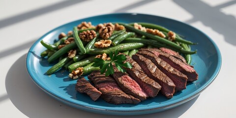 Grilled Beef Steak with Green Beans and Zucchini on Blue Plate Garnished with Walnuts and Fresh Herbs for a Deliciously Healthy Meal