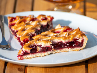 Homemade open sour cherry pie, delicious sweet dessert served in pieces outdoor in garden