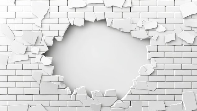 Fototapeta Hole in white brick wall, broken bricks, damaged.