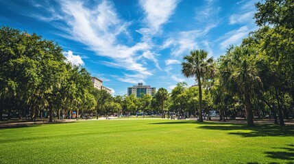 Fototapeta premium beautiful city park with a well-maintained green lawn, providing a great place for relaxation.
