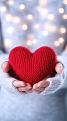 Fototapeta premium Happy Senior Woman with a Red Knitted Heart, Concept of Support and Love
