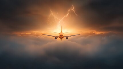 Obraz premium Aerial action of a massive jet flying above dense storm clouds skies digital art dramatic weather eye-level view aviation adventure