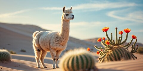 Llama standing near blooming cactus in a desert landscape